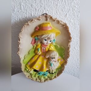 #Vtg Wall Plaque Girl w/Sheep Ceramic Oval Mary Had A Little Lamb Raised Deco